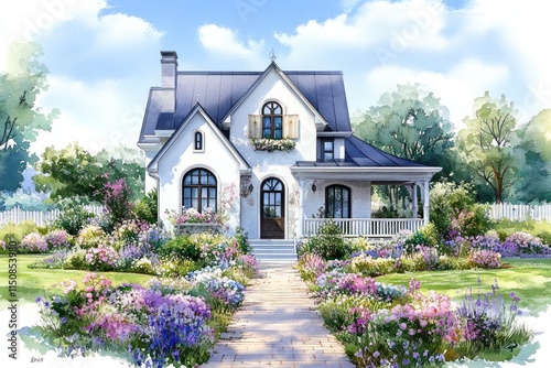 Charming Farmhouse with Colorful Flower Bed - Watercolor Illustration