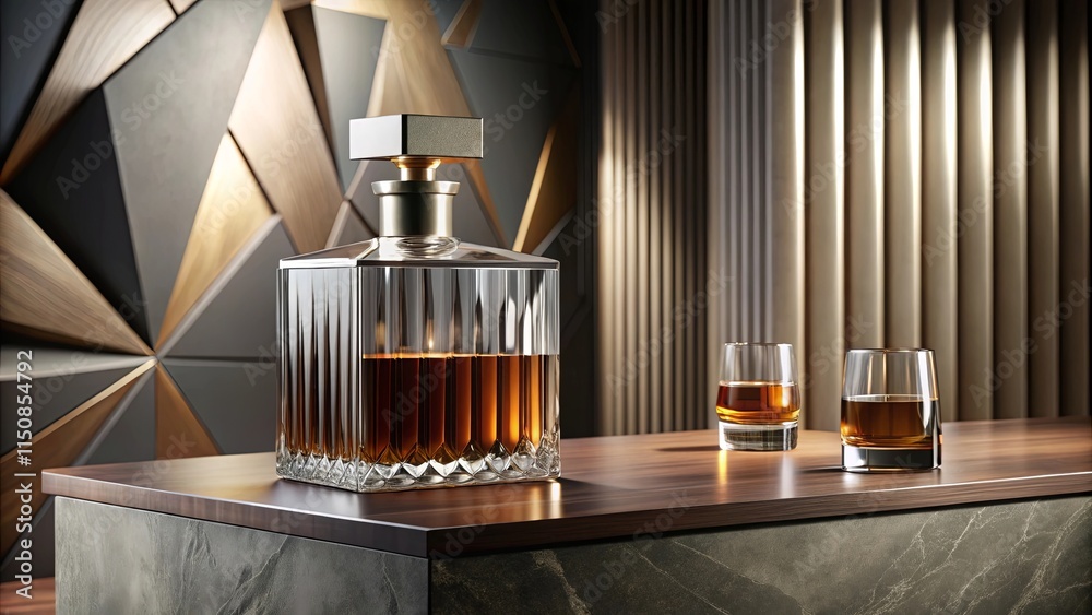 Elegant Crystal Decanter of Amber Liquid with Two Tasting Glasses on a Dark Wood Surface Elegant Crystal Decanter of Amber Liquid with Two Tasting Glasses on a Dark Wood Surface