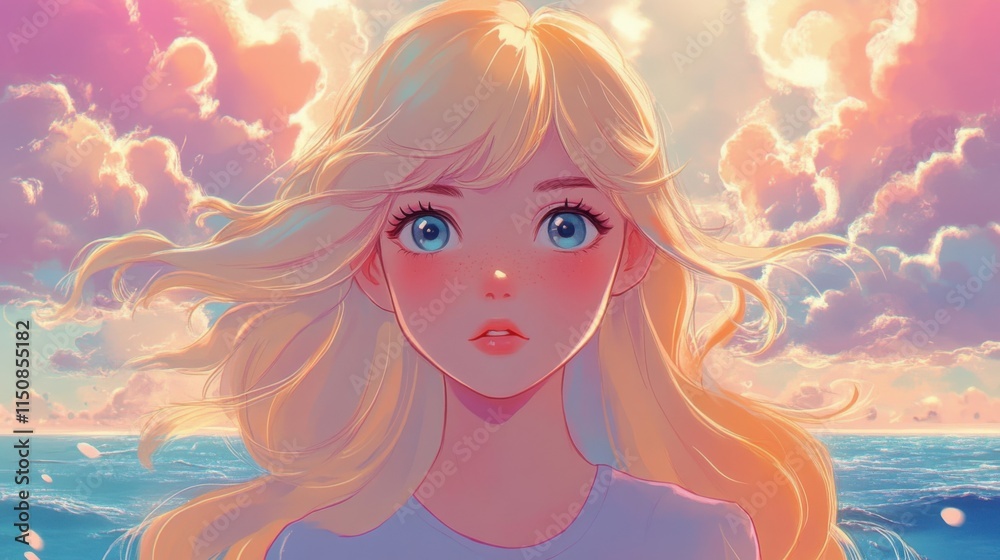 Blond Girl Gazing at Serene Sunset Ocean View: A Dreamy Digital Art Blond Girl Gazing at Serene Sunset Ocean View: A Dreamy Digital Art