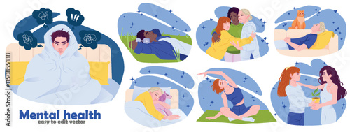 Mental health. Set of scenes with men and women taking care of their psychological state. Characters relax, do sports and communicate with friends. Flat vector illustration collection