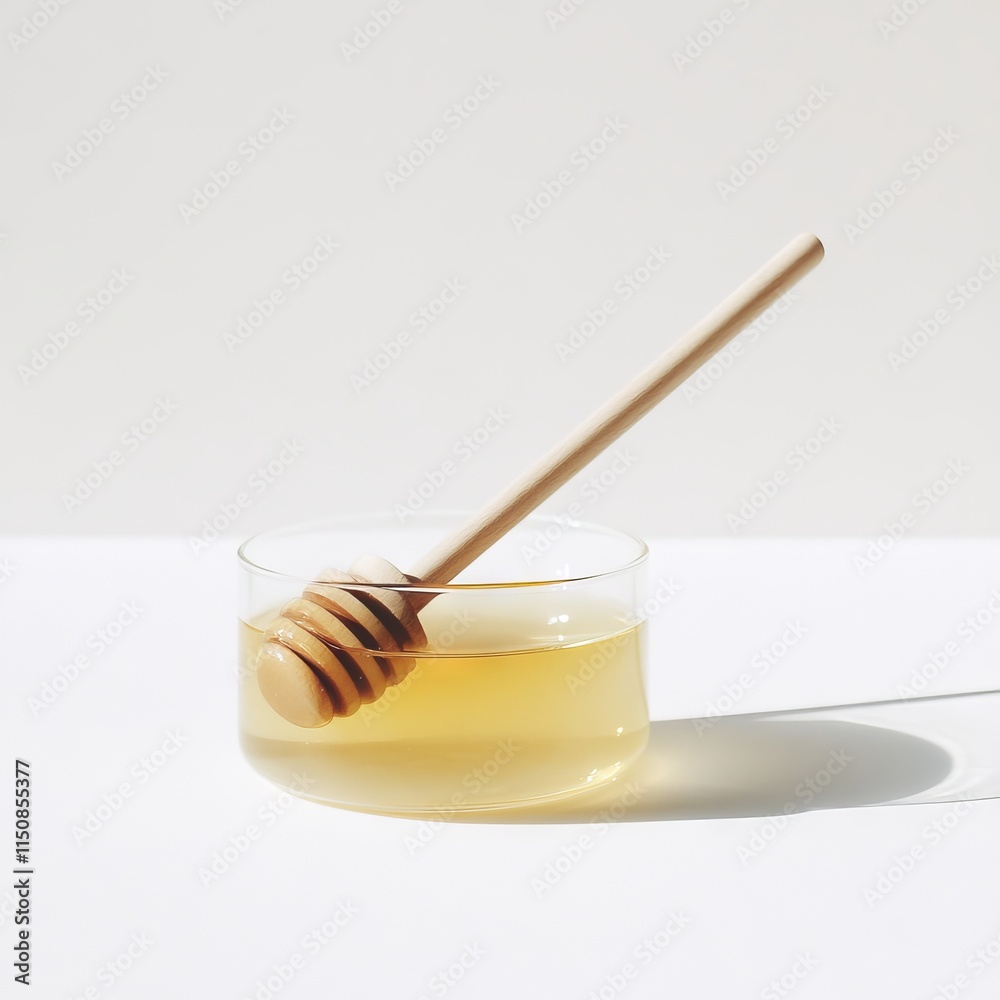 A clear jar of golden honey with a wooden dipper on a white background A clear jar of golden honey with a wooden dipper on a white background