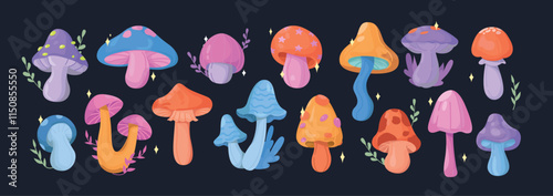 Set of fantasy mushrooms. Magic fairy fungi with green plants, twigs and stars in mystical forest. Design elements for game or print. Cartoon vector illustration collection