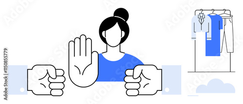 Woman with one hand raised in stop gesture between two fists, clothes hanging on rack. Ideal for work-life balance, empowerment, boundaries, mental health, personal space, workplace conduct, conflict