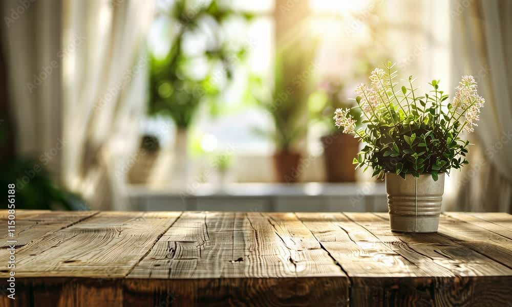 Sunlit wooden table with potted plant near window white curtain Sunlit wooden table with potted plant near window white curtain