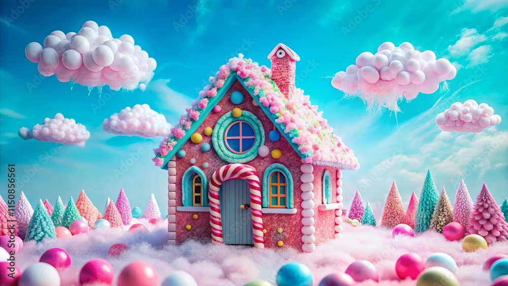 A whimsical candy house nestled in a fluffy cotton candy landscape, surrounded by pastel trees and candy balls under a vibrant sky.
