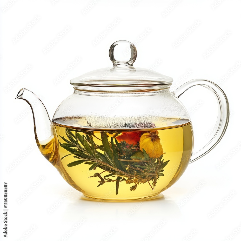 A clear glass teapot filled with herbal tea, isolated on a white background. A clear glass teapot filled with herbal tea, isolated on a white background.