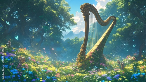 Harp in enchanted forest meadow with flowers, butterflies, sunlight.
