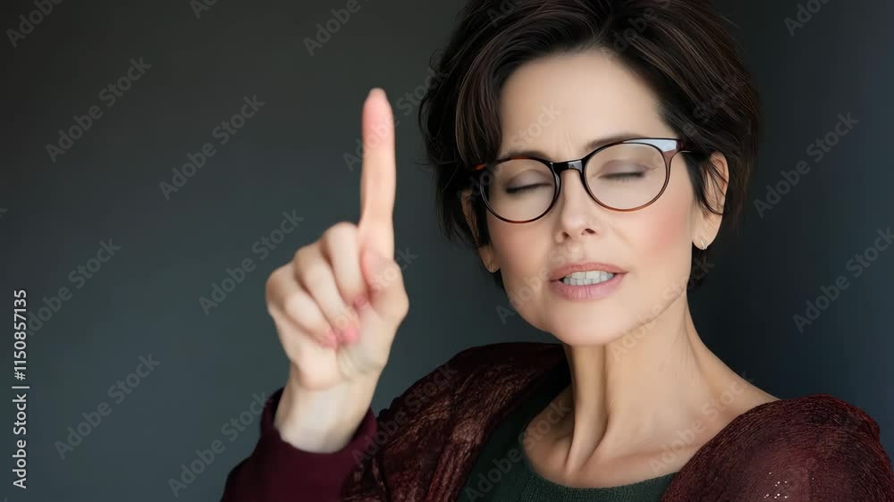 A confident woman wearing glasses raising her index finger, emphasizing a point, symbolizing authority, focus, or instruction.