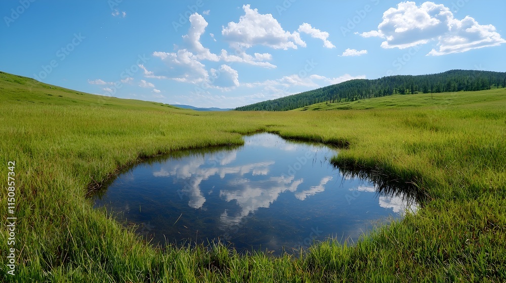 Serene Reflections in a Calm Pond Surrounded by Lush Grasslands Serene Reflections in a Calm Pond Surrounded by Lush Grasslands