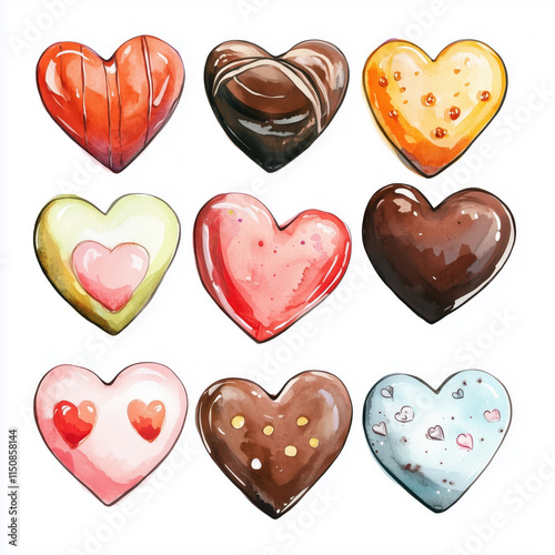 Watercolor illustration of various chocolate heart-shaped candies