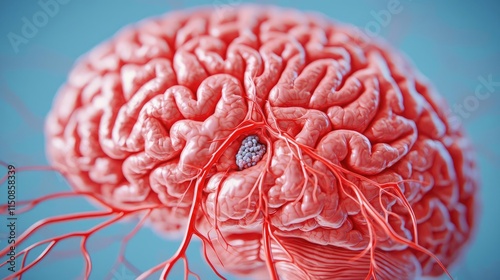 Stroke disease idea. Detailed anatomical illustration of a human brain with intricate blood vessels.