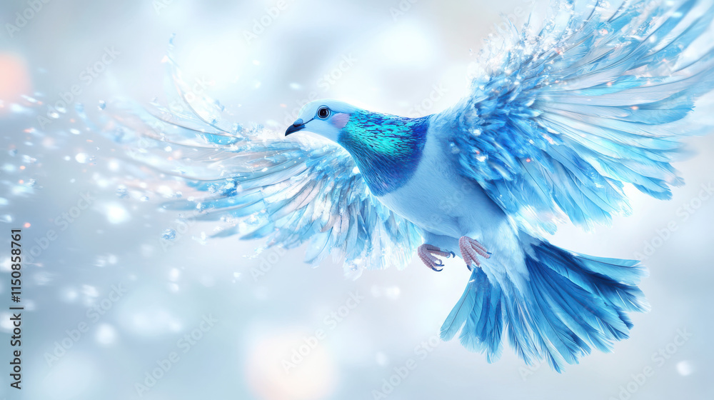 Fototapeta premium A fantastical depiction of a radiant blue and silver dove, elegant and majestic, with iridescent feathers reflecting soft cyan and teal shades