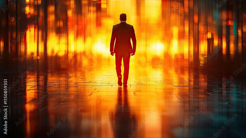 A silhouetted figure walking towards a fiery, abstract background, suggesting determination. A silhouetted figure walking towards a fiery, abstract background, suggesting determination.