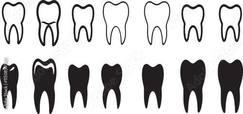 Human tooth icon silhouette and line art vector illustration with white background. Dentist concept. Modern, minimalist Icon