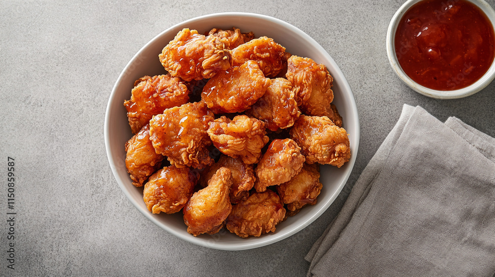 Crispy Chicken Pieces with Sauce in a Bowl Crispy Chicken Pieces with Sauce in a Bowl