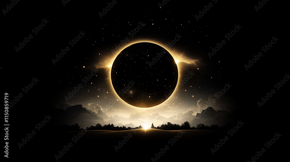 Obraz premium Surreal Majestic Solar Eclipse Landscape background, with a serene and peaceful