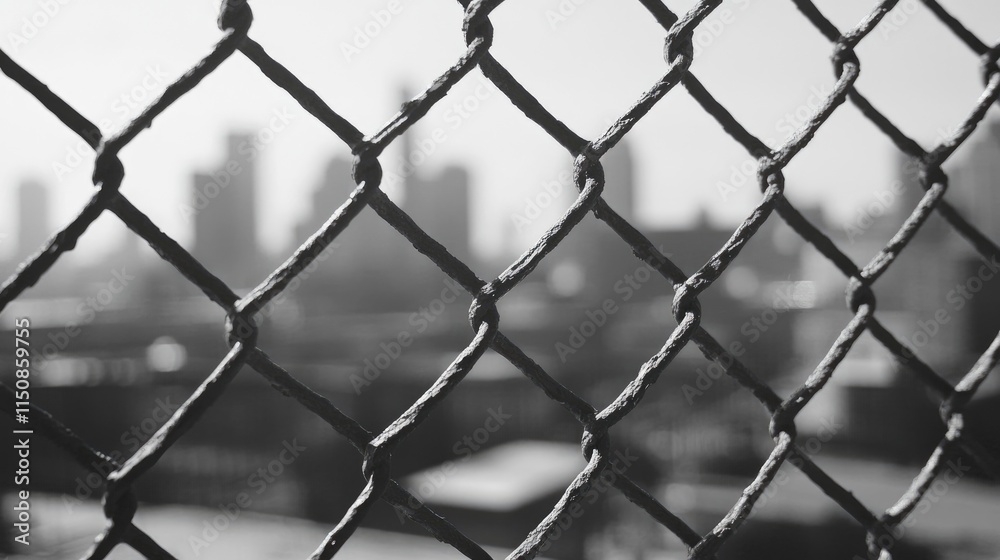Fototapeta premium Black and White Urban Landscape Behind Chain Link Fence