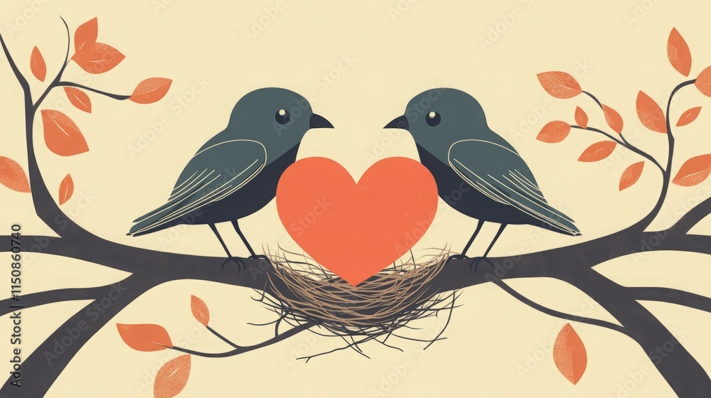 Fototapeta premium Two birds share a heart in a nest on a branch.