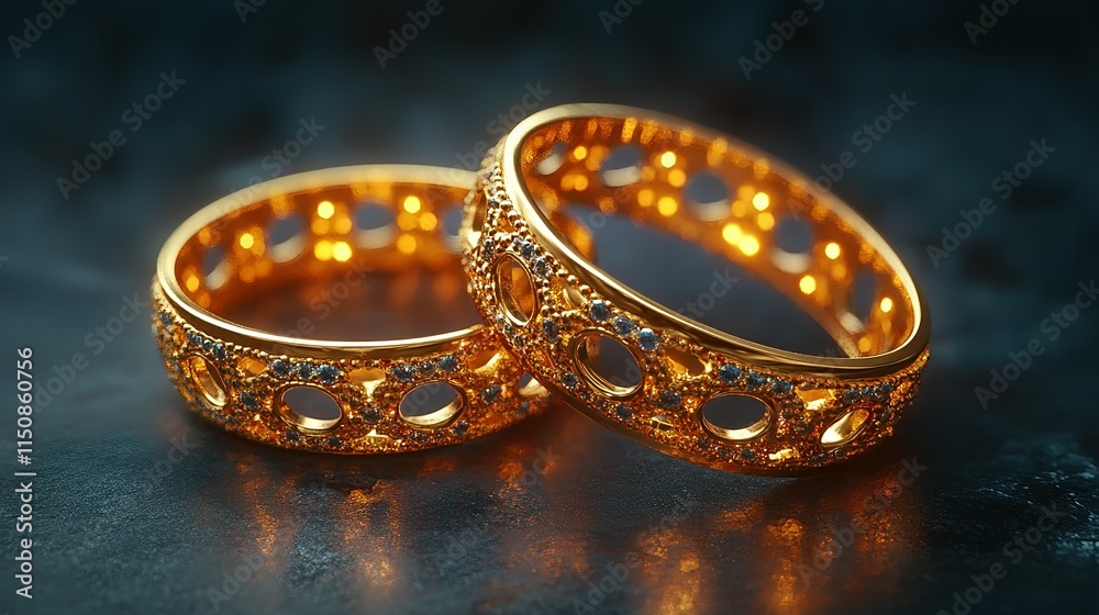 Two Gold Rings Adorned With Sparkling Diamonds Two Gold Rings Adorned With Sparkling Diamonds
