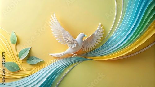 Serene White Dove Soaring Above Abstract Paper Waves of Yellow and Blue photo