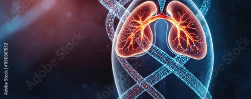 Asthma disease idea. An artistic representation of human lungs intertwined with DNA strands, showcasing anatomy.