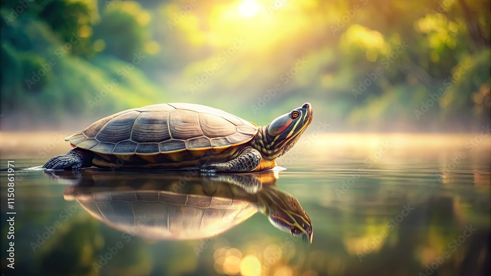 Obraz premium Serene Turtle in Golden Hour Sunlight on Calm Water