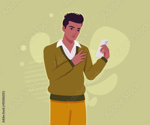 Handsome dark skin young businessman busy phone call pose. Guy in sweater modern casual look, authentic pakistani indian male model. Vector flat style cartoon illustration on creative background color