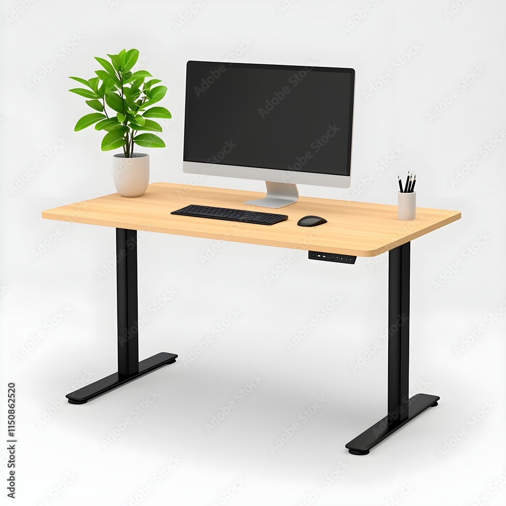 Modern Ergonomic Office Workspace with Desk, Monitor, and Plant Modern Ergonomic Office Workspace with Desk, Monitor, and Plant