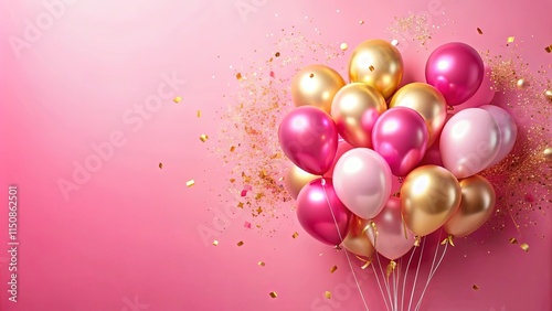 A festive cluster of pink and gold balloons with scattered confetti on a pink background