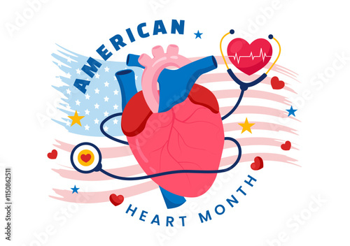 February is American Heart Month Vector Illustration Featuring a USA Flag and Red Heart Symbol for Health Awareness in a Flat Style Cartoon Background