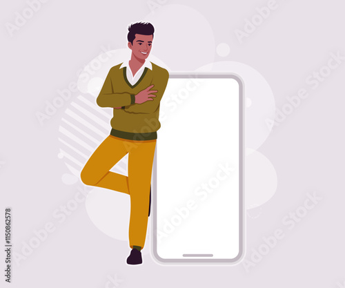 Handsome dark skin businessman confident smartphone lean pose. Guy in sweater modern casual look, authentic pakistani indian male model. Vector flat style cartoon illustration on creative background