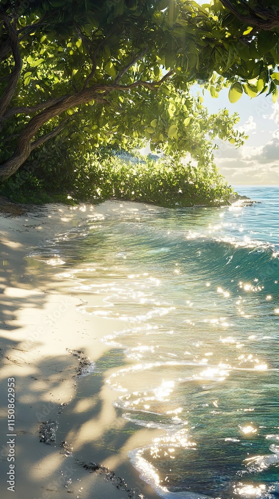 Tranquil Beach Scene Under Lush Tropical Foliage