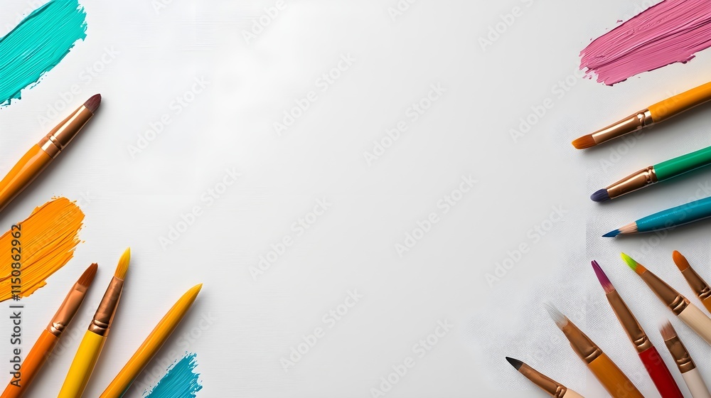 Fototapeta premium Colorful Paint Brushes and Tools Arranged Around Blank Canvas Space