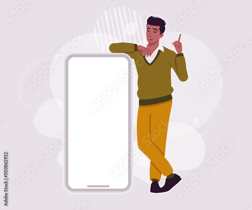 Handsome dark skin businessman confident giant smartphone lean pose. Guy in sweater modern casual look, authentic pakistani indian model. Vector flat style cartoon illustration on creative background photo