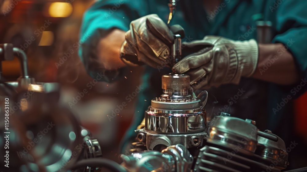 The mechanic is repairing the engine of his custom motorbike. The mechanic is repairing the engine of his custom motorbike.