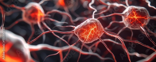 Multiple sclerosis disease concept. Abstract close-up of neurons with glowing connections in a neural network.