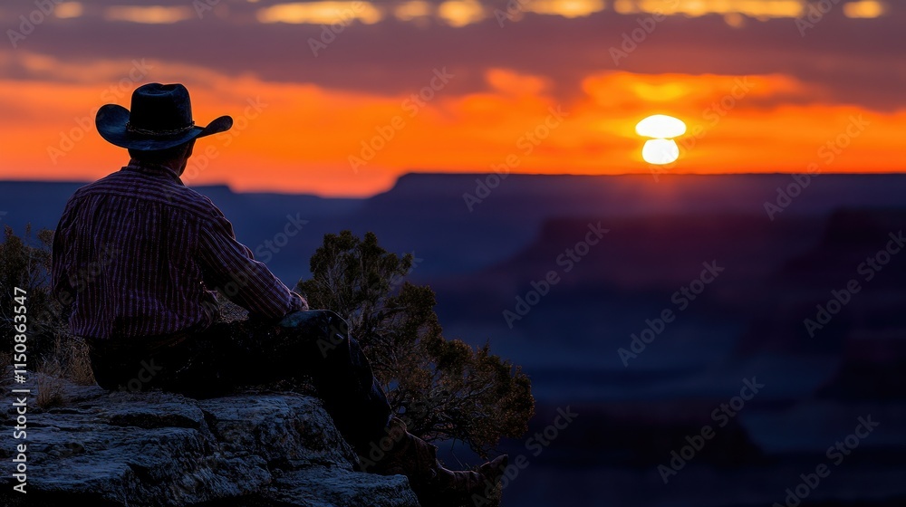 Cowboy silhouetted against a vibrant sunset over a vast canyon.