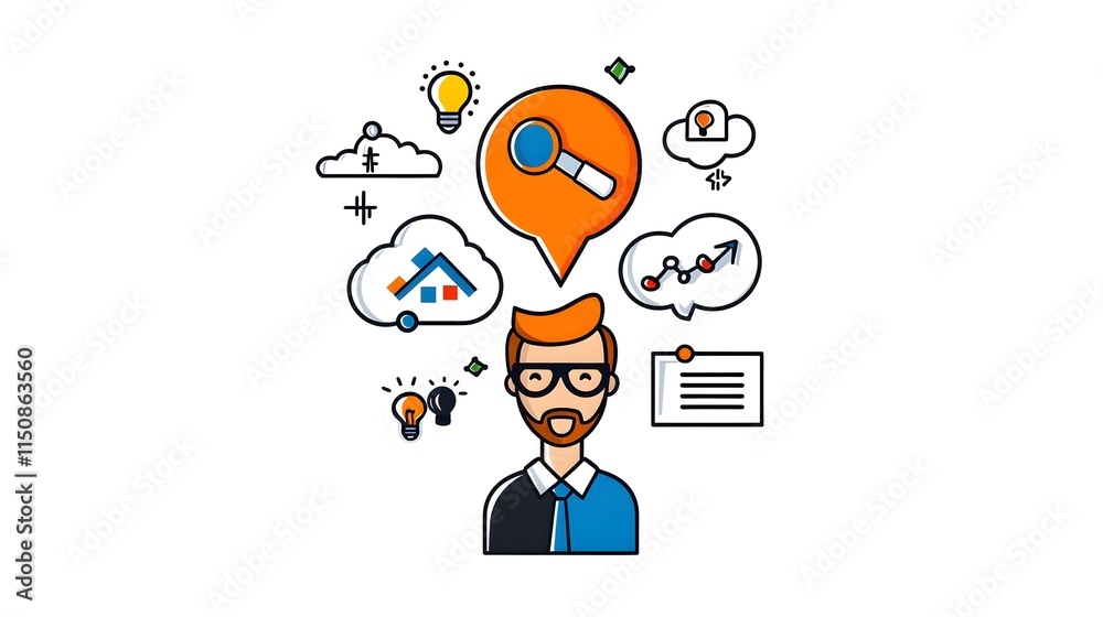 Person with Glasses Surrounded by Business and Idea Icons Person with Glasses Surrounded by Business and Idea Icons
