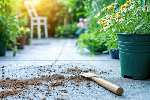 Gardening trowel resting on rich soil in a flower garden under bright sunlight