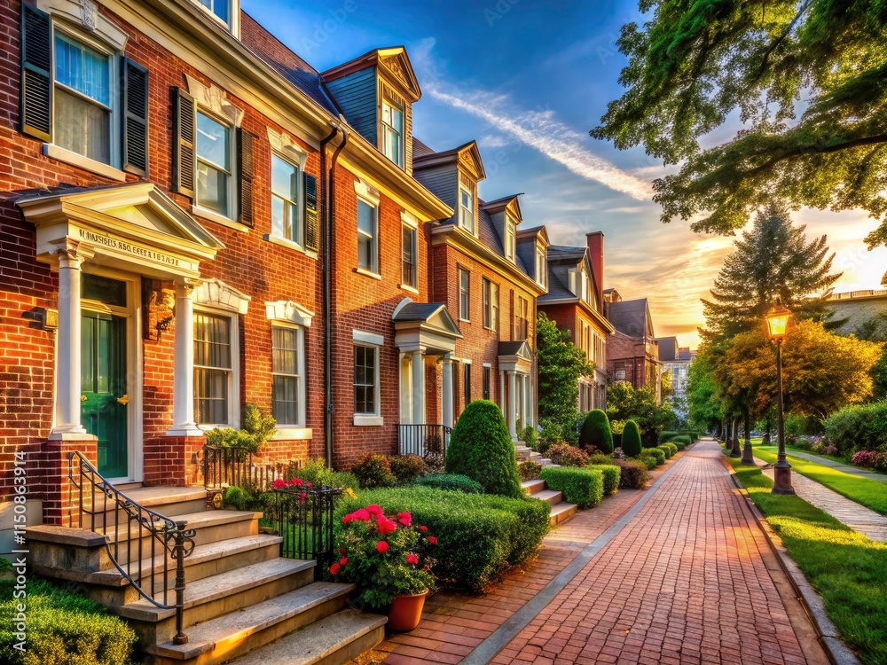 Obraz premium Charming brick houses line a quiet suburban street, showcasing classic architectural details.