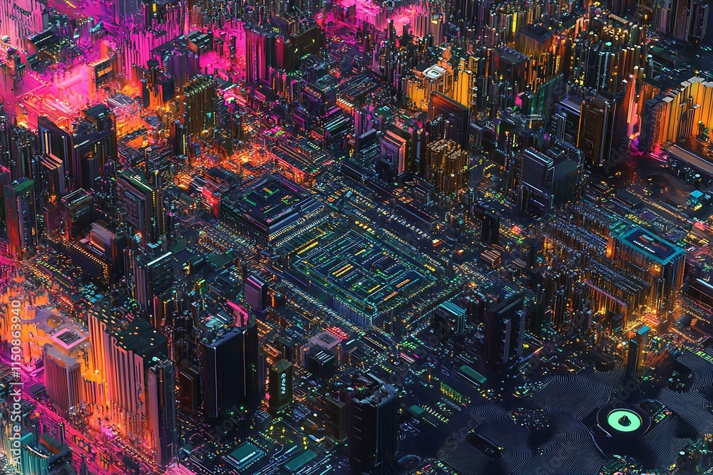 Obraz premium Neon Cityscape: A Digital Metropolis