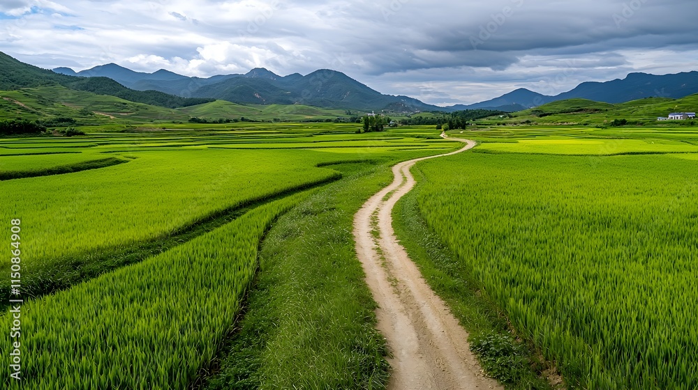 Lush Green Rice Fields and Winding Path Under Dramatic Sky Lush Green Rice Fields and Winding Path Under Dramatic Sky