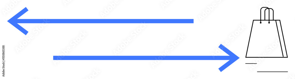 Blue arrows pointing left and right with a simple shopping bag illustration on the right side. Ideal for online shopping, delivery services, consumer behavior, logistics, e-commerce concepts, retail Blue arrows pointing left and right with a simple shopping bag illustration on the right side. Ideal for online shopping, delivery services, consumer behavior, logistics, e-commerce concepts, retail