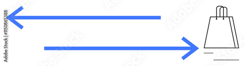 Blue arrows pointing left and right with a simple shopping bag illustration on the right side. Ideal for online shopping, delivery services, consumer behavior, logistics, e-commerce concepts, retail