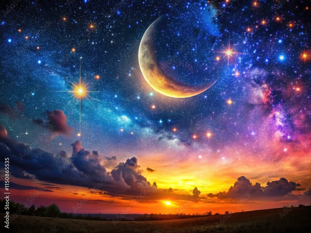 Crescent moon graces a surreal starry night, celestial bodies dancing in astronomical wonder. Crescent moon graces a surreal starry night, celestial bodies dancing in astronomical wonder.