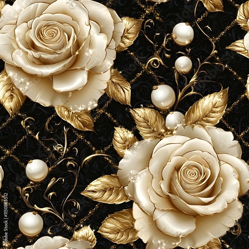 Elegant golden roses with pearls on a dark ornate background
