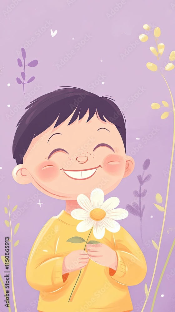 Happy Child Holding a Daisy Flower Smiling Brightly Happy Child Holding a Daisy Flower Smiling Brightly