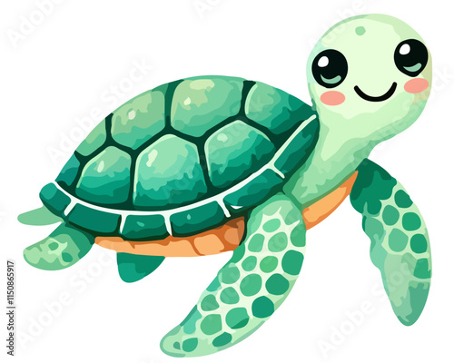Hand drawn watercolor painting of a kawaii turtle in childish style. Vector illustration isolated on white background
