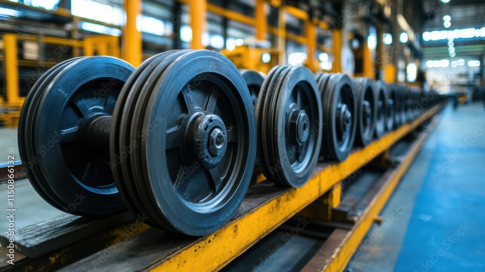 Obraz premium Industrial Factory Production Line with Steel Wheels on Rails