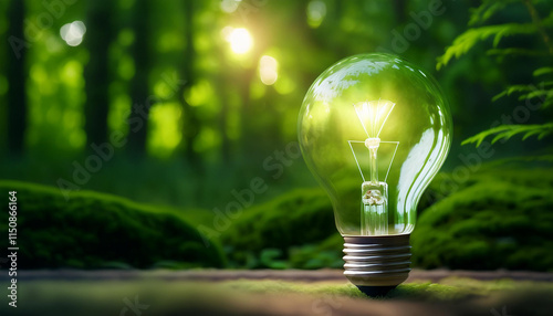 Close up glowing light bulb on green background